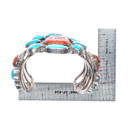 6.75" Stover Paul Navajo sterling silver turquoise/coral cluster cuff bracelet