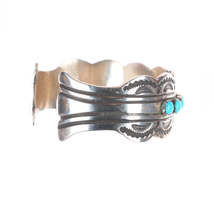 6.3" James Shay Navajo sterling silver snake eye turquoise row cuff bracelet