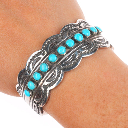 6.3" James Shay Navajo sterling silver snake eye turquoise row cuff bracelet