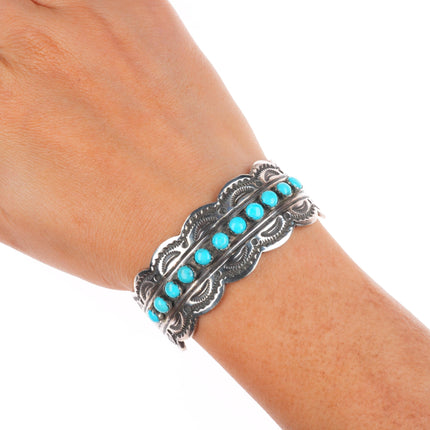 6.3" James Shay Navajo sterling silver snake eye turquoise row cuff bracelet