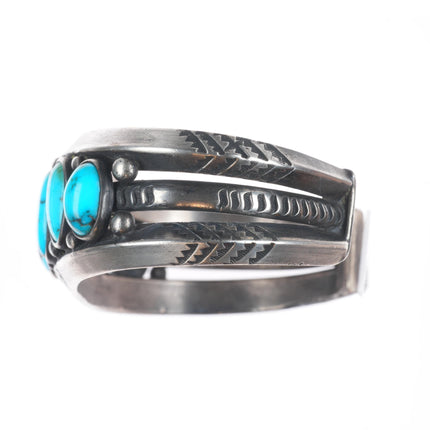 7.1" c1950 Heavy vintage high grade turquoise row cuff bracelet sterling silver