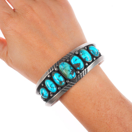 7.1" c1950 Heavy vintage high grade turquoise row cuff bracelet sterling silver