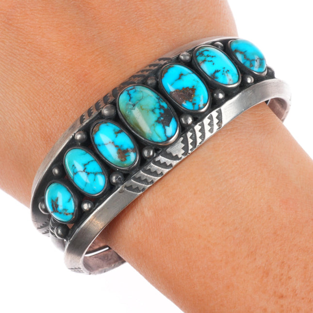 7.1" c1950 Heavy vintage high grade turquoise row cuff bracelet sterling silver