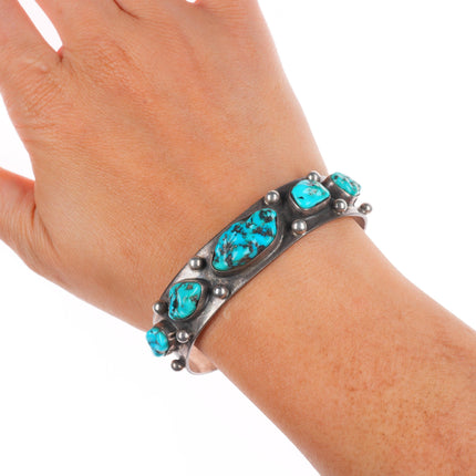 6.6" Vintage Navajo sterling silver turquoise nugget row cuff bracelet