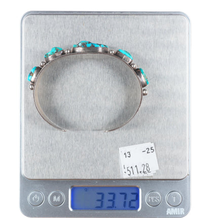 6.6" Vintage Navajo sterling silver turquoise nugget row cuff bracelet