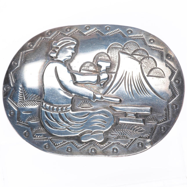 Vintage Becenti Navajo sterling silver storyteller belt buckle