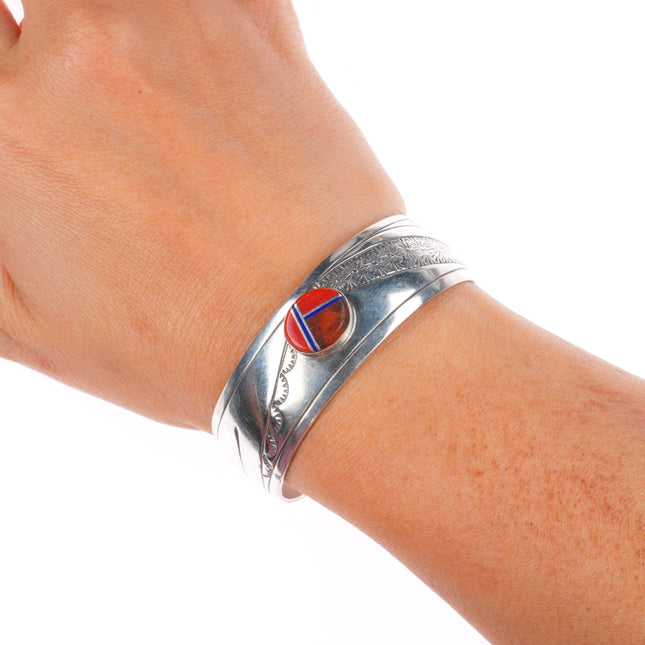 6.3" Benson Sam Navajo sterling silver vintage cuff bracelet coral/lapis inlay