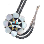 Vintage Dishta Zuni sterling silver sunface shell/turquoise inlay bolo tie