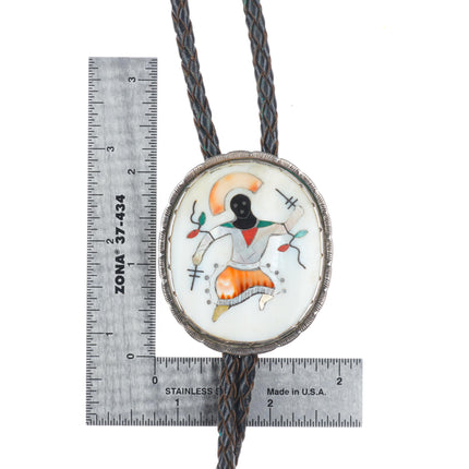 1960 c-31 Elliott Qualo Zuni sterling silver intarsia inlay Ghan dancer bolo tie