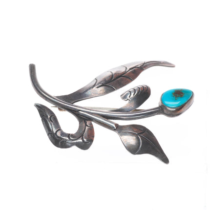 c1940 Uita21 Navajo sterling silver hand stamped flower pin with turquoise