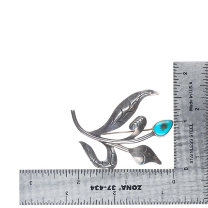 c1940 Uita21 Navajo sterling silver hand stamped flower pin with turquoise