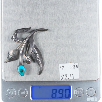 c1940 Uita21 Navajo sterling silver hand stamped flower pin with turquoise