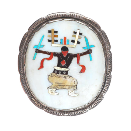Elliot Qualo (1930-1974) Zuni sterling silver intarsia inlay Ghan Dancer pin