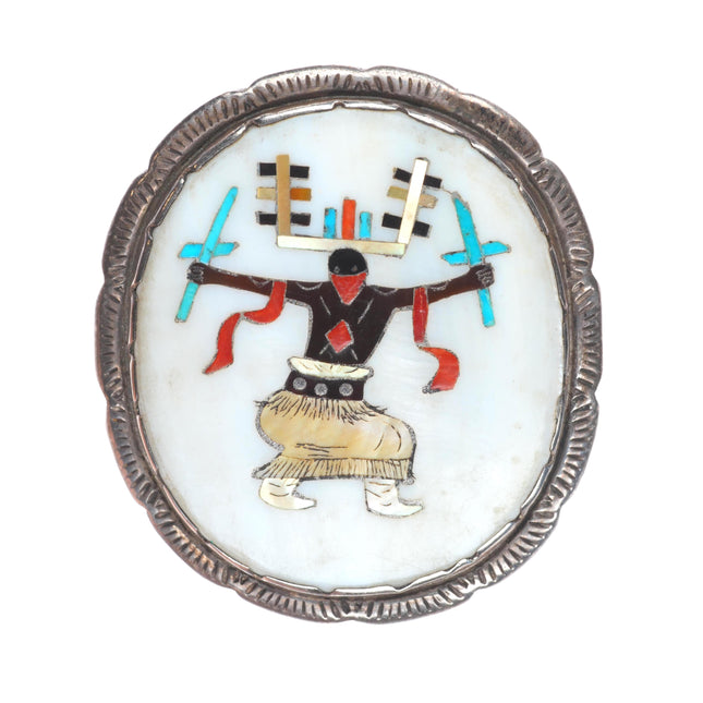 Elliot Qualo (1930-1974) Zuni sterling silver intarsia inlay Ghan Dancer pin