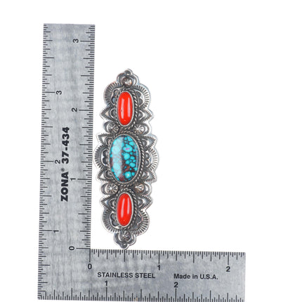 Leonard Platero Navajo sterling silver, high grade turquoise, coral pin/brooch