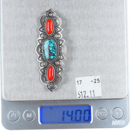 Leonard Platero Navajo sterling silver, high grade turquoise, coral pin/brooch