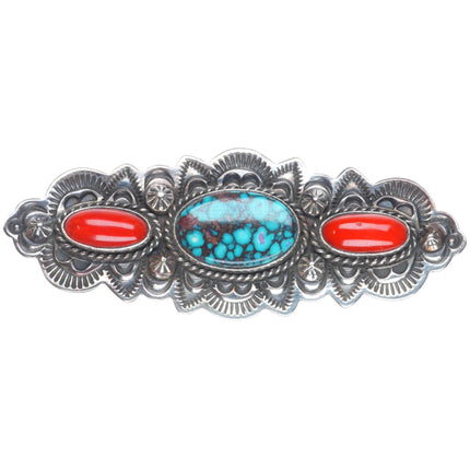 Leonard Platero Navajo sterling silver, high grade turquoise, coral pin/brooch