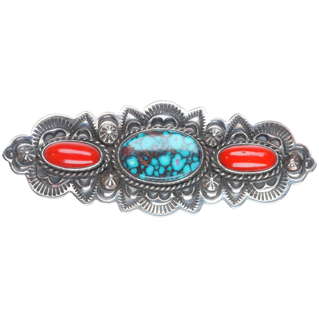 Leonard Platero Navajo sterling silver, high grade turquoise, coral pin/brooch