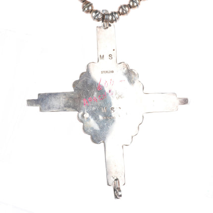 Vintage Heavy sterling silver Native American cross pendant on beaded necklace