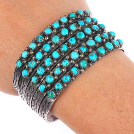 6.4" 1930's Ingot Silver Zuni snake eye turquoise 5 stack row cuff bracelet