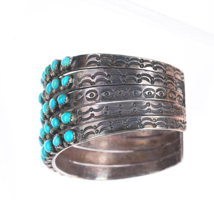 6.4" 1930's Ingot Silver Zuni snake eye turquoise 5 stack row cuff bracelet
