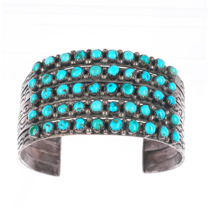 6.4" 1930's Ingot Silver Zuni snake eye turquoise 5 stack row cuff bracelet