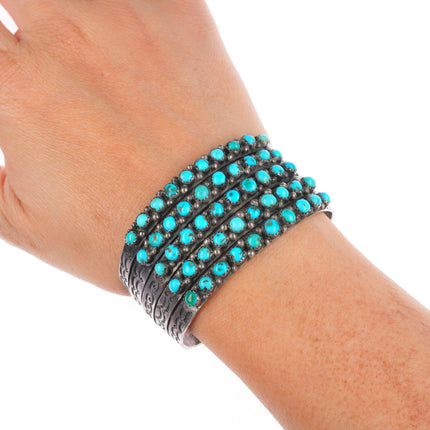 6.4" 1930's Ingot Silver Zuni snake eye turquoise 5 stack row cuff bracelet