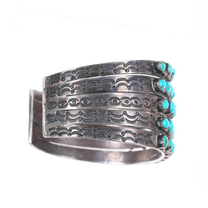 6.4" 1930's Ingot Silver Zuni snake eye turquoise 5 stack row cuff bracelet