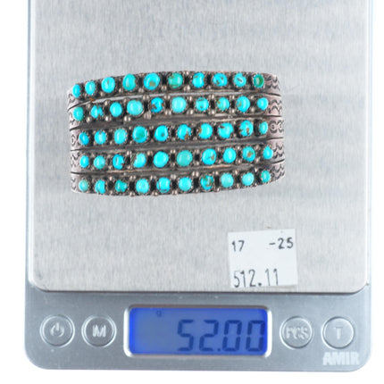 6.4" 1930's Ingot Silver Zuni snake eye turquoise 5 stack row cuff bracelet