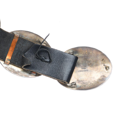Large Lester Ortiz Navajo sterling silver onyx deep stamped concho belt