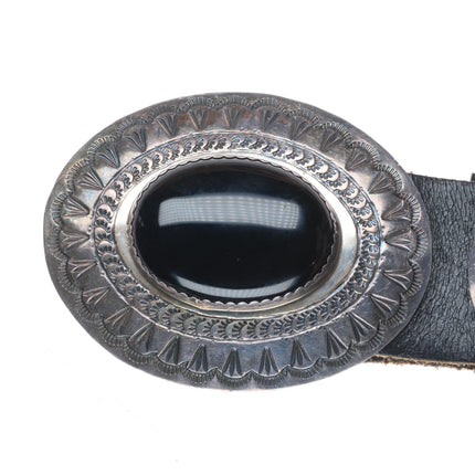 Large Lester Ortiz Navajo sterling silver onyx deep stamped concho belt
