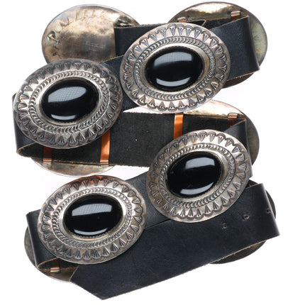 Large Lester Ortiz Navajo sterling silver onyx deep stamped concho belt