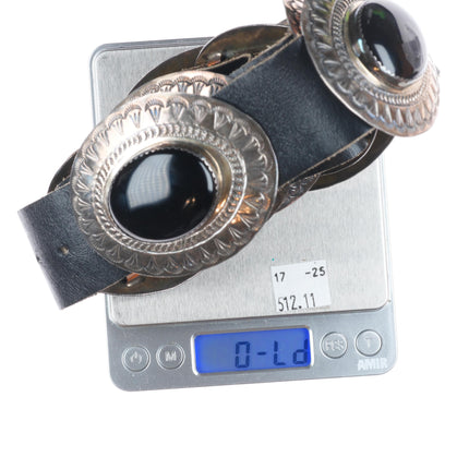 Large Lester Ortiz Navajo sterling silver onyx deep stamped concho belt