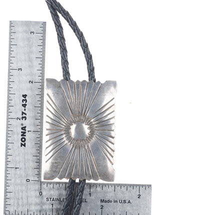 Large Vintage Navajo rectangular sterling silver rayed design bolo tie