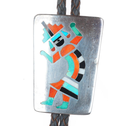 c1950 David Tsikewa Zuni sterling silver rainbow man intarsia inlay bolo tie