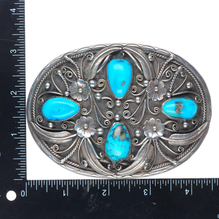 Big vintage Navajo sterling silver 2" belt buckle with turquoise blossom design
