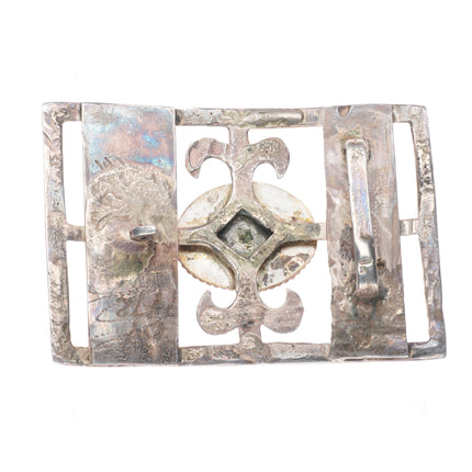 Vintage Navajo Tufa cast sterling silver belt buckle with nice turquoise