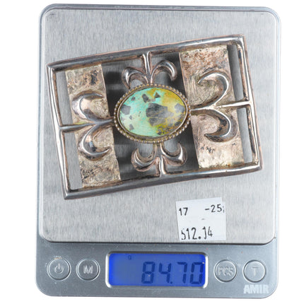 Vintage Navajo Tufa cast sterling silver belt buckle with nice turquoise