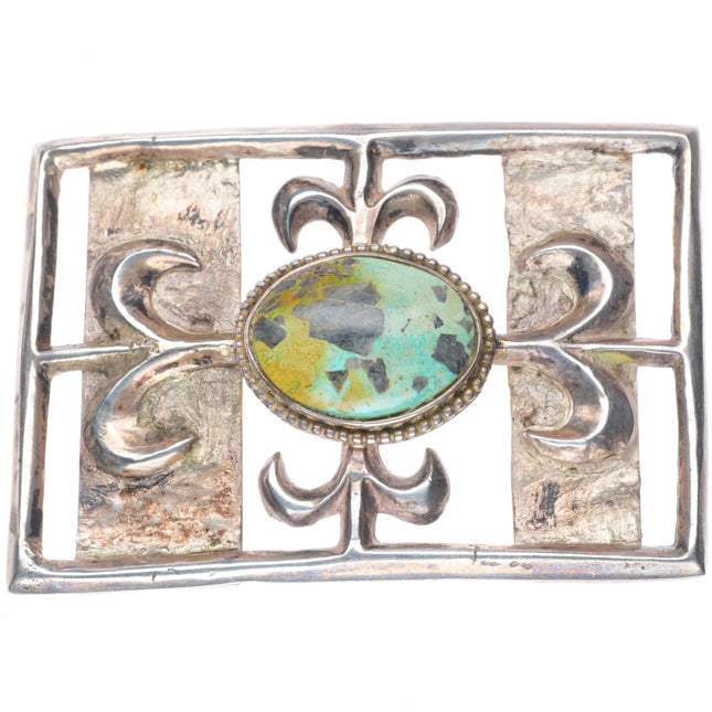 Vintage Navajo Tufa cast sterling silver belt buckle with nice turquoise