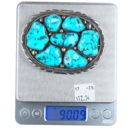Vintage M Spencer Navajo sterling silver turquoise nugget cluster belt buckle