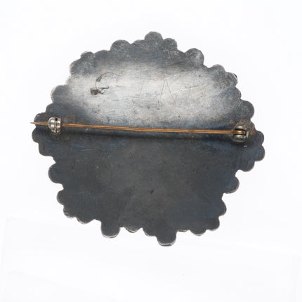 1940's Zuni sterling silver spiny oyster, turquoise-jet large sunface pin/brooch