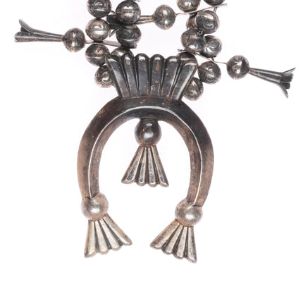 L Burnside Navajo vintage sterling silver stamped beads squash blossom necklace