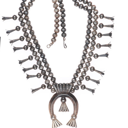 L Burnside Navajo vintage sterling silver stamped beads squash blossom necklace