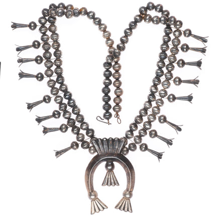 L Burnside Navajo vintage sterling silver stamped beads squash blossom necklace