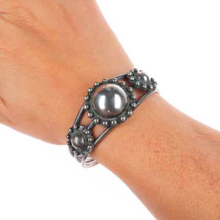 6" c1930's Vintage Navajo ingot silver domed beaded bezels cuff bracelet