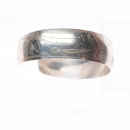 7.5" Tom WMS Tlingit Northwest coast sterling silver carved cuff bracelet