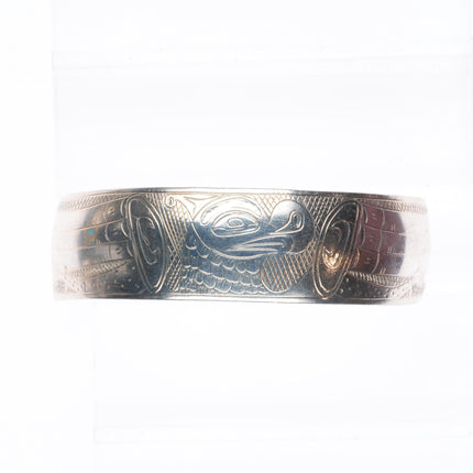 7.5" Tom WMS Tlingit Northwest coast sterling silver carved cuff bracelet