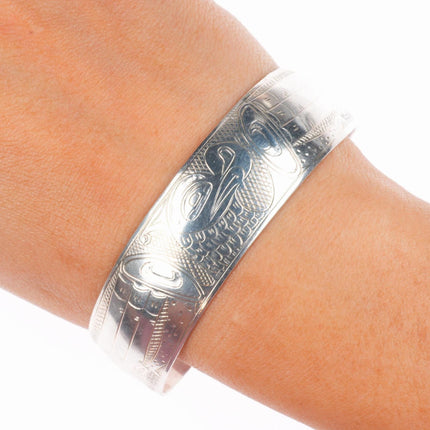 7.5" Tom WMS Tlingit Northwest coast sterling silver carved cuff bracelet