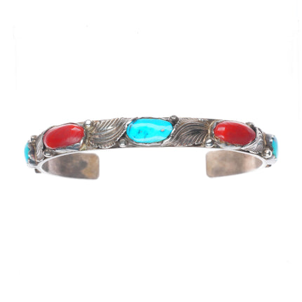 6.5" Simplicio Zuni sterling silver turquoise/coral row cuff bracelet