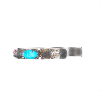 6.5" Simplicio Zuni sterling silver turquoise/coral row cuff bracelet